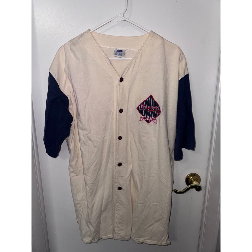 Vintage CSA Atlanta Braves Baseball Jersey Cream Navy Blue Cotton Mens Large